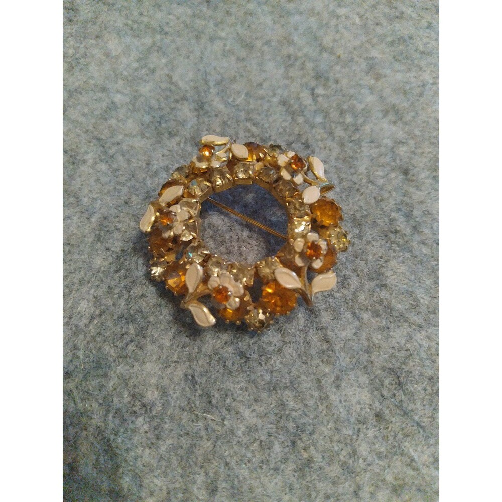Vintage Rhinestone Brooch Wreath Pin Gold Tone Amber Flower Floral‎